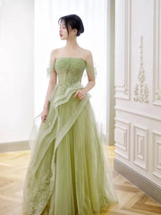 Green Off Shoulder Lace Long Prom Dress, Green Formal Dress ED0673