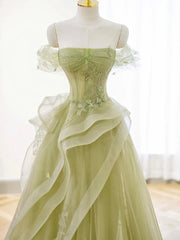 Green Off Shoulder Lace Long Prom Dress, Green Formal Dress ED0673