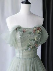 A-Line Green Tulle Long Prom Dresses, Green Formal Evening Dresses ED0731