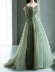 A-Line Green Tulle Long Prom Dresses, Green Formal Evening Dresses ED0731