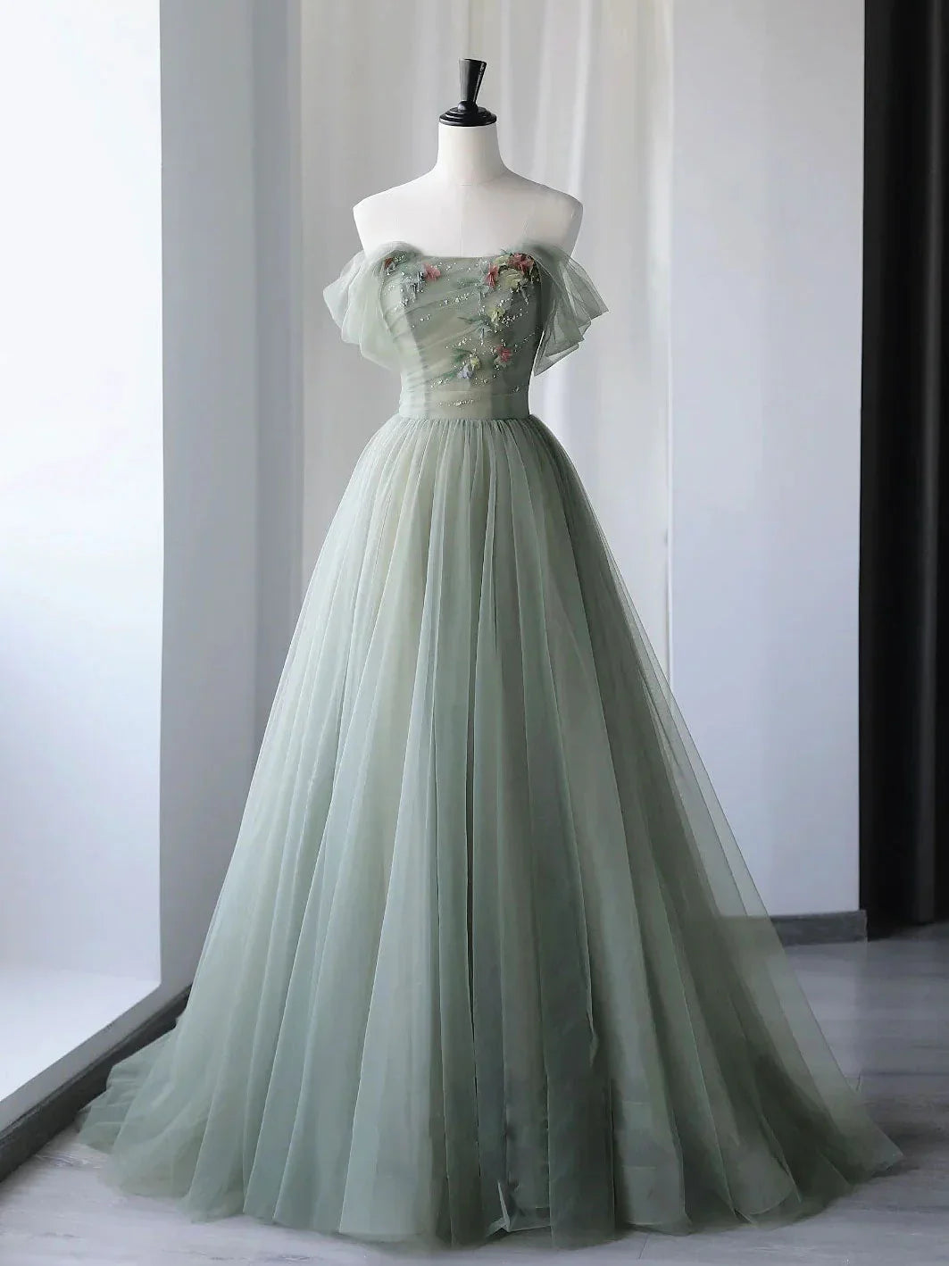 A-Line Green Tulle Long Prom Dresses, Green Formal Evening Dresses ED0731