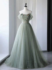 A-Line Green Tulle Long Prom Dresses, Green Formal Evening Dresses ED0731