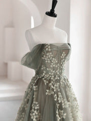 Olive Green A-Line  Off Shoulder Tulle Lace Long Prom Dress, Green Tulle Formal Dress ED0882