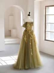Olive Green A-Line  Off Shoulder Tulle Lace Long Prom Dress, Green Tulle Formal Dress ED0882