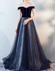Dark Blue Tulle Velvet Long Prom Dress, Blue Evening Dress ED0885