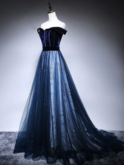 Dark Blue Tulle Velvet Long Prom Dress, Blue Evening Dress ED0885