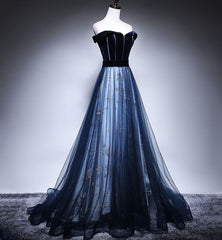 Dark Blue Tulle Velvet Long Prom Dress, Blue Evening Dress ED0885