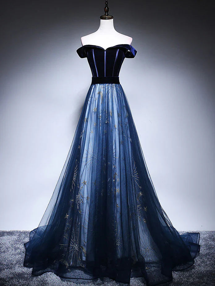 Dark Blue Tulle Velvet Long Prom Dress, Blue Evening Dress ED0885