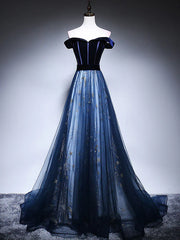 Dark Blue Tulle Velvet Long Prom Dress, Blue Evening Dress ED0885