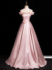 Pink A-Line Off Shoulder Satin Long Prom Dress, Beautiful A-Line Off the Shoulder Party Dress ED0994