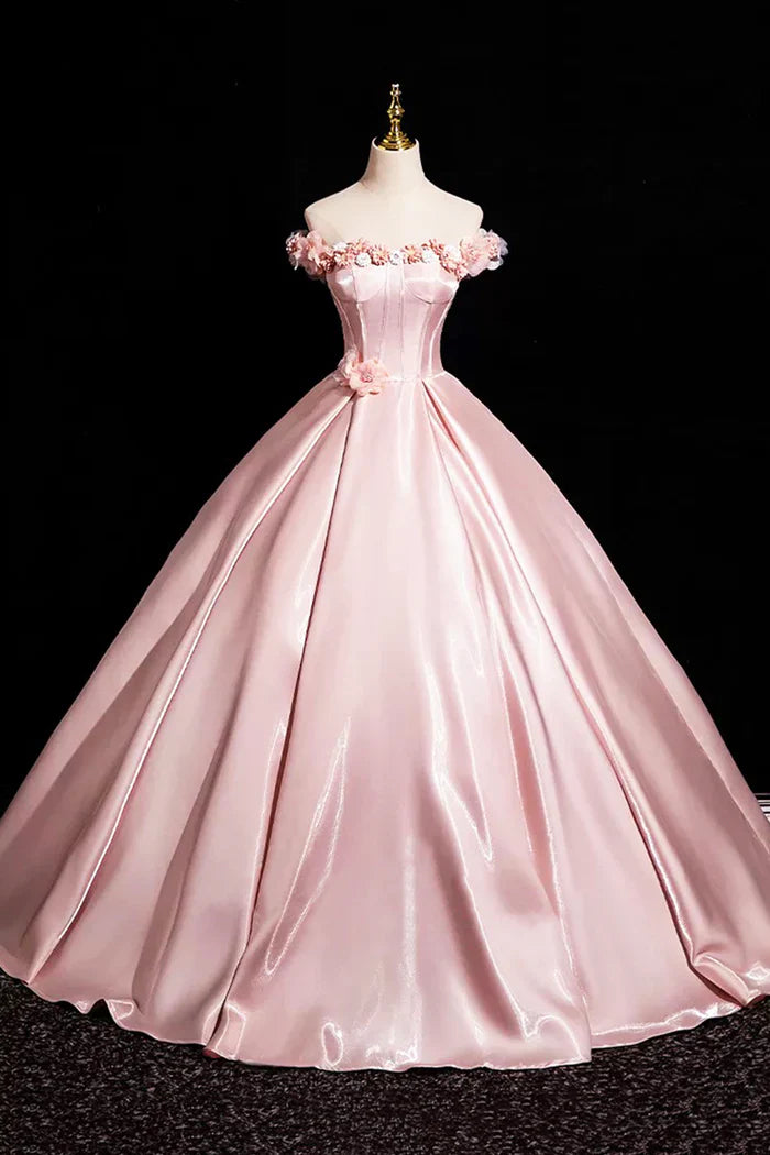 Pink A-Line Off Shoulder Satin Long Prom Dress, Beautiful A-Line Off the Shoulder Party Dress ED0994
