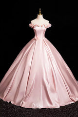 Pink A-Line Off Shoulder Satin Long Prom Dress, Beautiful A-Line Off the Shoulder Party Dress ED0994