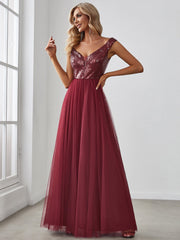 Weitese A-line Sequin Off the Shoulder Maxi Tulle Formal Evening Dress