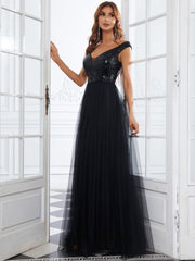 Weitese A-line Sequin Off the Shoulder Maxi Tulle Formal Evening Dress