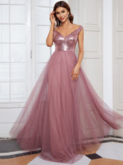 Weitese A-line Sequin Off the Shoulder Maxi Tulle Formal Evening Dress