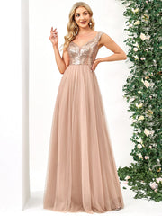Weitese A-line Sequin Off the Shoulder Maxi Tulle Formal Evening Dress