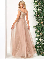Weitese A-line Sequin Off the Shoulder Maxi Tulle Formal Evening Dress