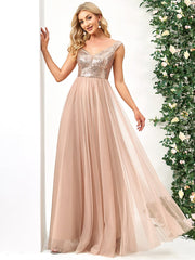 Weitese A-line Sequin Off the Shoulder Maxi Tulle Formal Evening Dress