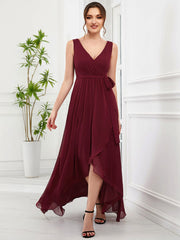 Weitese Chiffon Sleeveless Front Slit V-Neck Layered Formal Evening Dress