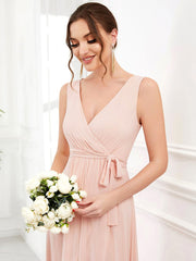 Weitese Chiffon Sleeveless Front Slit V-Neck Layered Formal Evening Dress