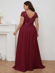 Aimishang Plus Size V-Neck Cap Sleeve Sequins Chiffon Maxi Evening Dress