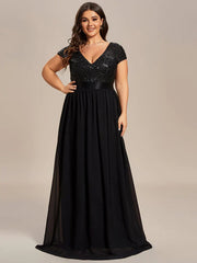 Aimishang Plus Size V-Neck Cap Sleeve Sequins Chiffon Maxi Evening Dress