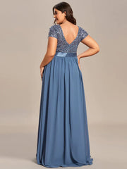 Aimishang Plus Size V-Neck Cap Sleeve Sequins Chiffon Maxi Evening Dress