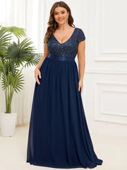 Aimishang Plus Size V-Neck Cap Sleeve Sequins Chiffon Maxi Evening Dress