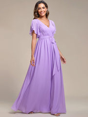 Weitese Ruffle Sleeve Tie-Waist Chiffon V-Neck Evening Dress