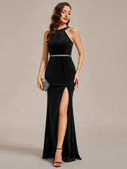 Weitese Halter Sleeveless Bodycon Shiny Belt High Slit Velvet Evening Dress