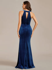 Weitese Halter Sleeveless Bodycon Shiny Belt High Slit Velvet Evening Dress