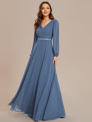Weitese Pleated Double V-Neck Long Sleeves Shiny Belt Chiffon Evening Dress