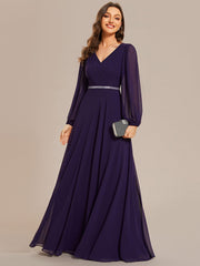 Weitese Pleated Double V-Neck Long Sleeves Shiny Belt Chiffon Evening Dress