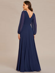 Weitese Pleated Double V-Neck Long Sleeves Shiny Belt Chiffon Evening Dress