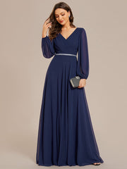Weitese Pleated Double V-Neck Long Sleeves Shiny Belt Chiffon Evening Dress
