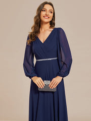 Weitese Pleated Double V-Neck Long Sleeves Shiny Belt Chiffon Evening Dress