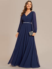 Weitese Pleated Double V-Neck Long Sleeves Shiny Belt Chiffon Evening Dress