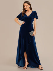 Weitese Double V-Neck Short Sleeves Stretchy Velvet Evening Dress with Lotus Leaf Hem