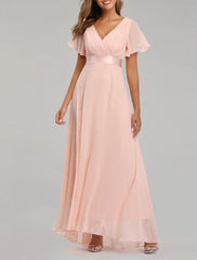 Bridesmaid Dresses V Neck Wedding Guest Dress Chiffon Long Dress Short Sleeve