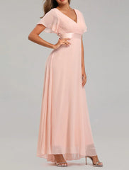 Bridesmaid Dresses V Neck Wedding Guest Dress Chiffon Long Dress Short Sleeve
