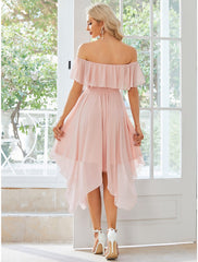 Bridesmaid Dresses Wedding Guest Dress Midi Dress Pink Short Sleeve Pure Color Ruched Summer Spring Fall Off Shoulder Party Wedding Guest Birthday Vacation