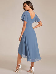 Weitese Chic V Neck Asymmetrical Hem Ruffles Sleeve Pleated Chiffon Wedding Guest Dress