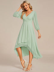 Weitese See-Through Long Sleeves V-Neck A-Line Chiffon Wedding Guest Dress
