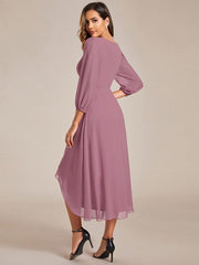 Weitese See-Through Long Sleeves V-Neck A-Line Chiffon Wedding Guest Dress