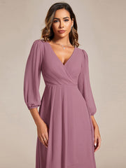 Weitese See-Through Long Sleeves V-Neck A-Line Chiffon Wedding Guest Dress