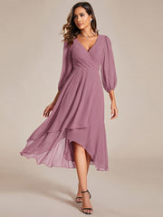Weitese See-Through Long Sleeves V-Neck A-Line Chiffon Wedding Guest Dress
