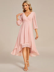 Weitese See-Through Long Sleeves V-Neck A-Line Chiffon Wedding Guest Dress