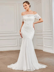 Aimishang Off the Shoulder Bodycon Fishtail Vintage Embroidered Floral Lace Wedding Dress