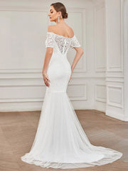 Aimishang Off the Shoulder Bodycon Fishtail Vintage Embroidered Floral Lace Wedding Dress