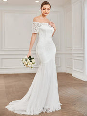 Aimishang Off the Shoulder Bodycon Fishtail Vintage Embroidered Floral Lace Wedding Dress